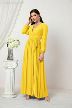 Numbersea Evening Dresses Deep V-Neck Chiffon Bridesmaid Dresses Long Bishop Sleeve Side Split Formal Dress 2806-numbersea