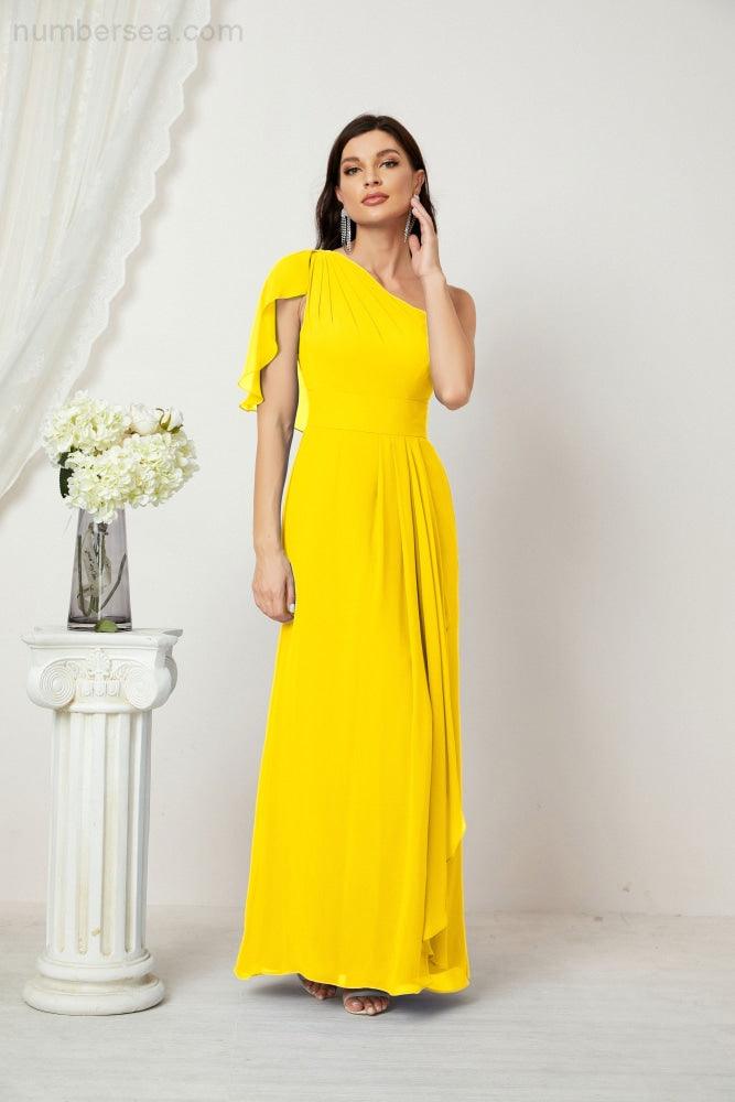 Numbersea Chiffon Ruffled One Shoulder Long Bridesmaid Dresses A-line Formal Evening Gown Side Split 2809-numbersea