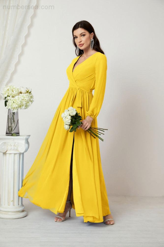 Numbersea Evening Dresses Deep V-Neck Chiffon Bridesmaid Dresses Long Bishop Sleeve Side Split Formal Dress 2806-numbersea