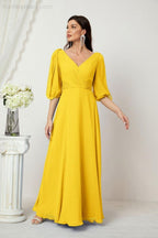 Numbersea Formal Prom Gown Women V-Neck Chiffon Bridesmaid Dresses Long Bishop Sleeve Party Dress 2807-numbersea