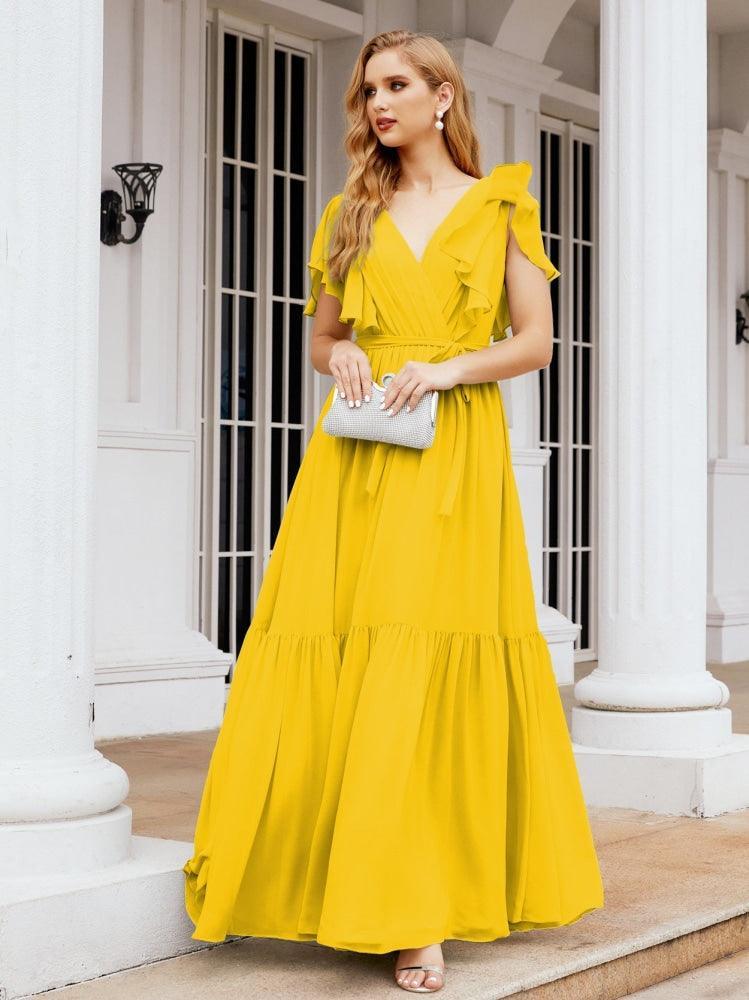 Numbersea Women's Open Back Formal Evening Party Prom Gowns V-Neck Long Chiffon Bridesmaid Dresses with Waist Belt 28038-numbersea