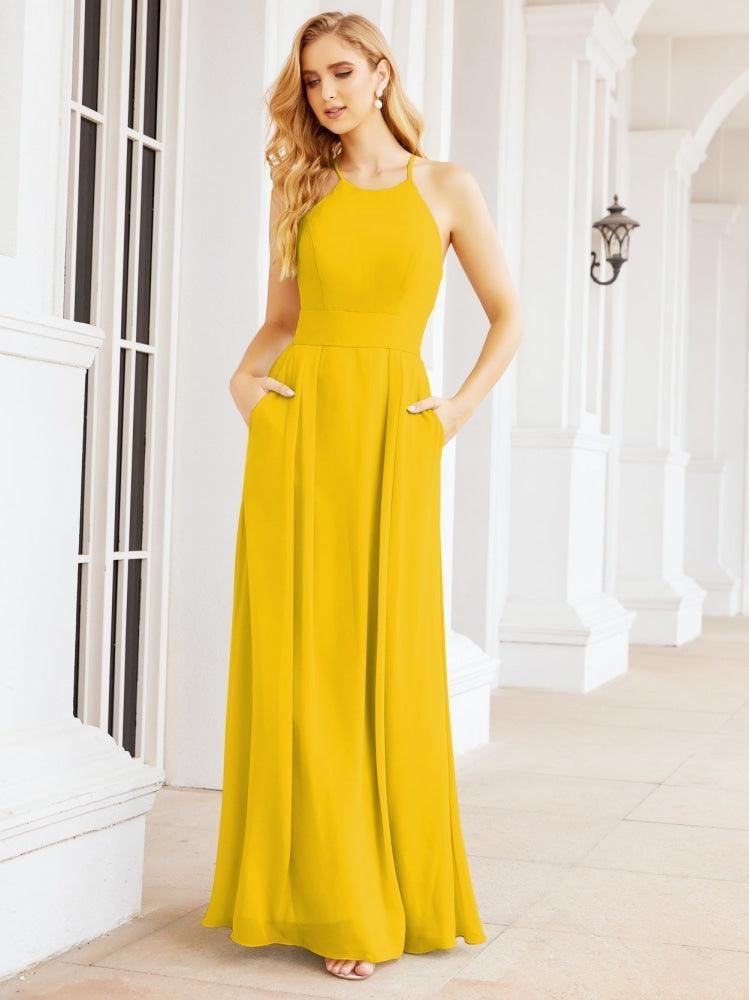 Numbersea Halter Bridesmaid Dresses with Pockets Sleeveless Formal Evening Party Prom Gowns 28055-numbersea