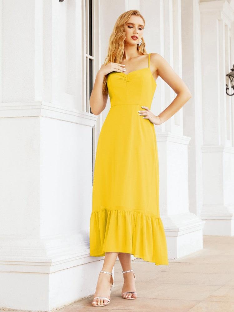 Numbersea Women Strap Chiffon Bridesmaid Dress Ankle Length Sleeveless Blackless Ruffle A Line