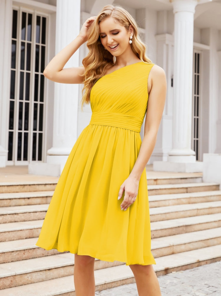 Numbersea Homecoming Dress One Shoulder Pleated Short Formal Prom Gowns 28046 Bright Yellow