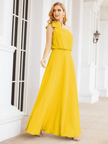 Numbersea Chiffon Ruffled One Shoulder Sleeveless Long Bride Dresses A-line Formal Evening Gown Side Split 28057-numbersea