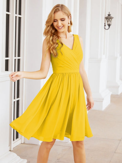 Numbersea Homecoming Dresses Knee Length Skirt V Back 28062 Bright Yellow