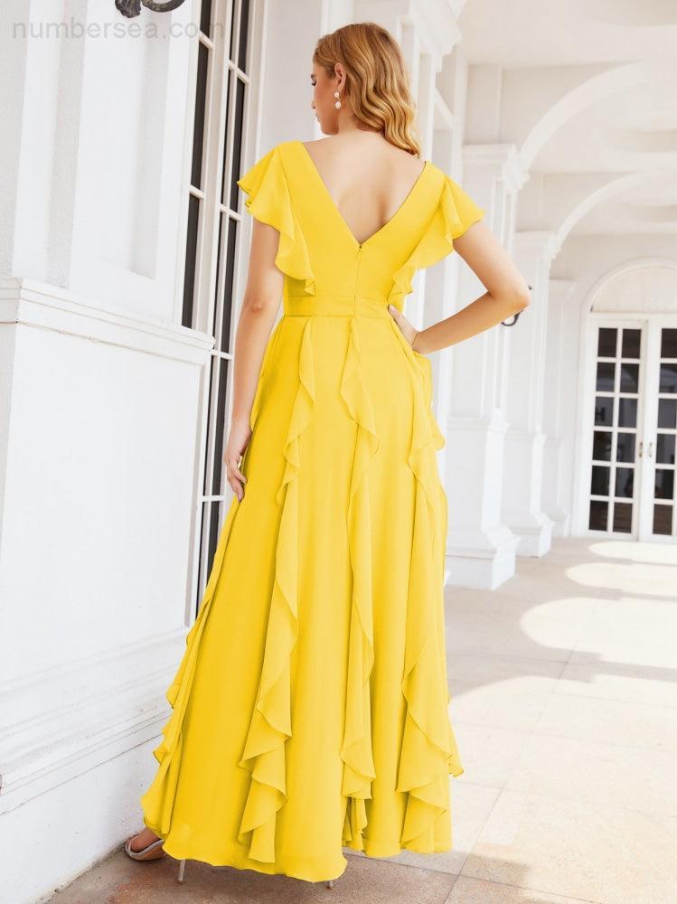 Ruffled Bridesmaid Dresses with Sleeves Long Formal Party Dress 28041-numbersea