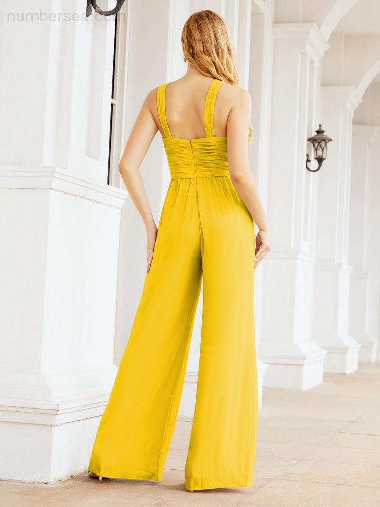 Numbersea Crisscross Neck Jumpsuit Formal Evening Dress Long Bridesmaid Dresses Bell-bottomed Pants 28033-numbersea