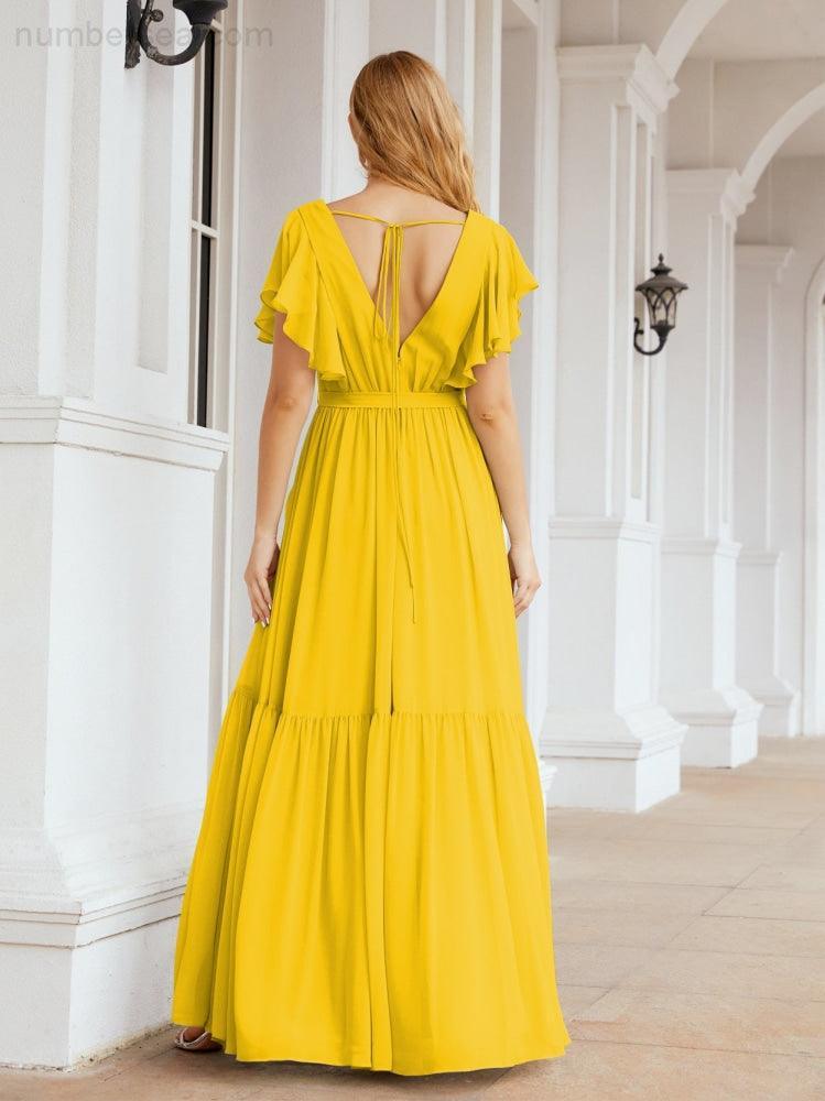 Numbersea Women's Open Back Formal Evening Party Prom Gowns V-Neck Long Chiffon Bridesmaid Dresses with Waist Belt 28038-numbersea