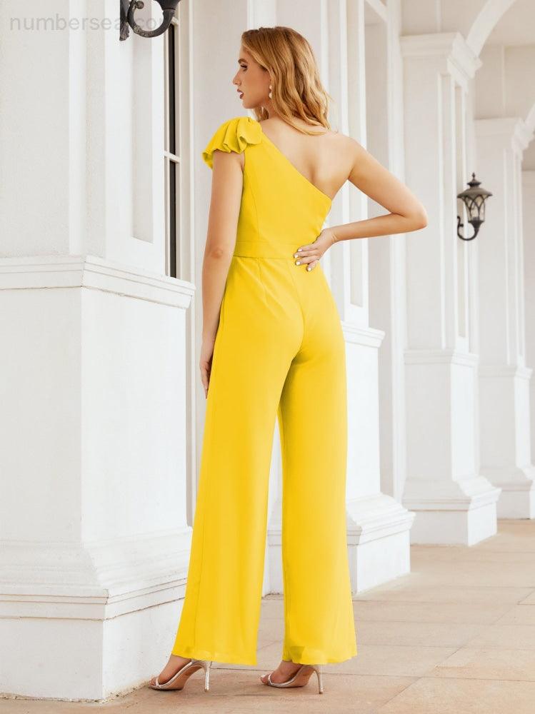 Numbersea Womens One Shoulder Chiffon Long Jumpsuit Formal Evening Dress Bridesmaid Dresses Pants