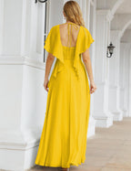Numbersea Chiffon Bridesmaid Dresses Long Formal Evening Prom Mother of The Bride Dress with Flutter Sleeve     SEA28040