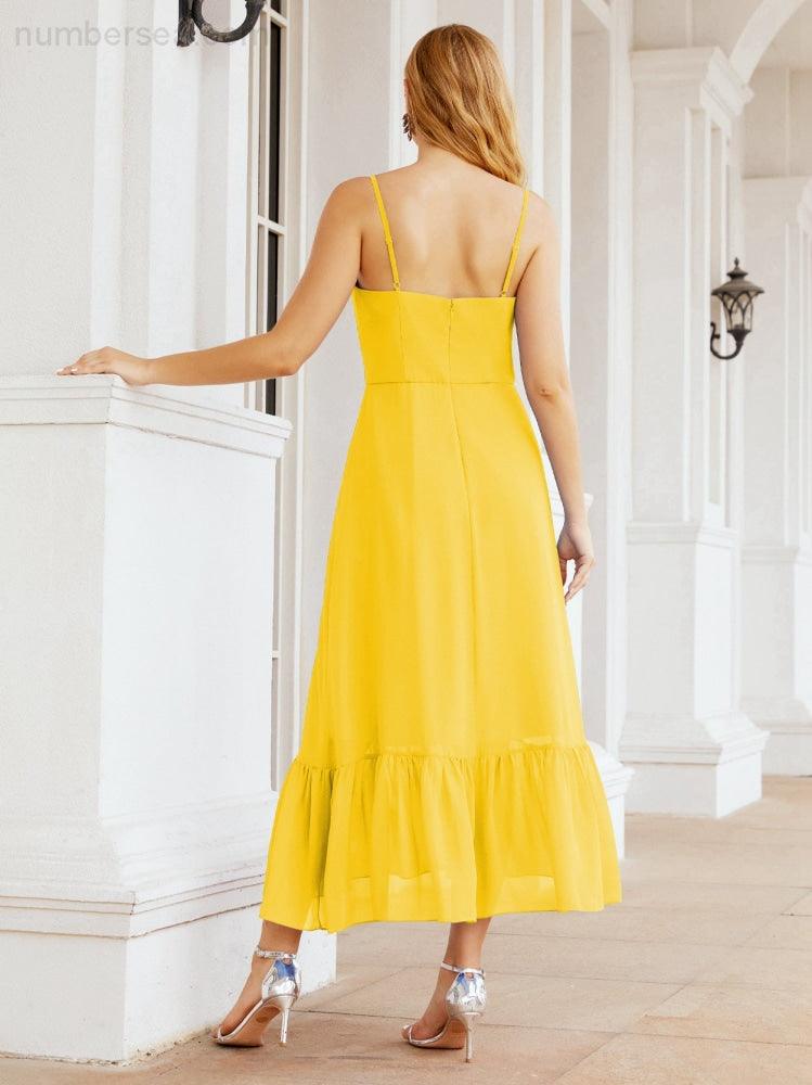 Numbersea Women Strap Chiffon Bridesmaid Dress Ankle Length Sleeveless Blackless Ruffle A Line