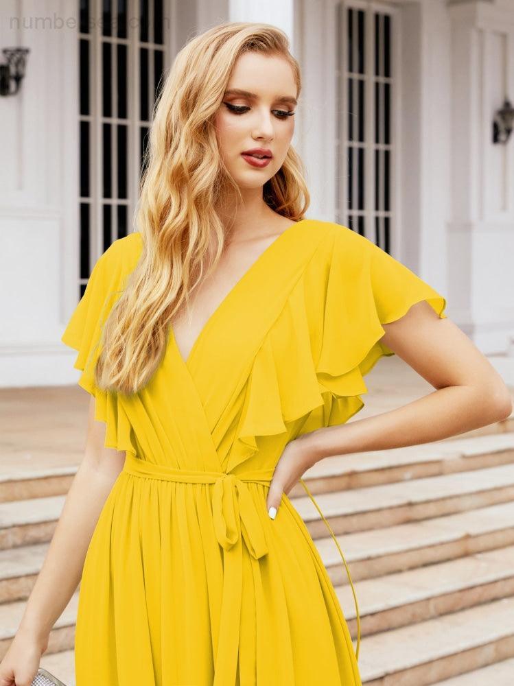 Numbersea Women's Open Back Formal Evening Party Prom Gowns V-Neck Long Chiffon Bridesmaid Dresses with Waist Belt 28038-numbersea