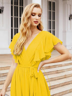 Numbersea Women's Open Back Formal Evening Party Prom Gowns V-Neck Long Chiffon Bridesmaid Dresses with Waist Belt 28038-numbersea
