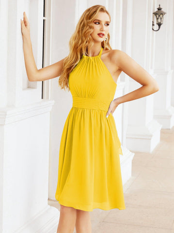 Numbersea Halter Chiffon Vestidos de dama de honor Cortos Sin mangas Vestido de fiesta formal Espalda abierta 28023 