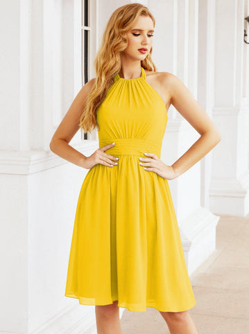 Numbersea Halter Chiffon Vestidos de dama de honor Cortos Sin mangas Vestido de fiesta formal Espalda abierta 28023 