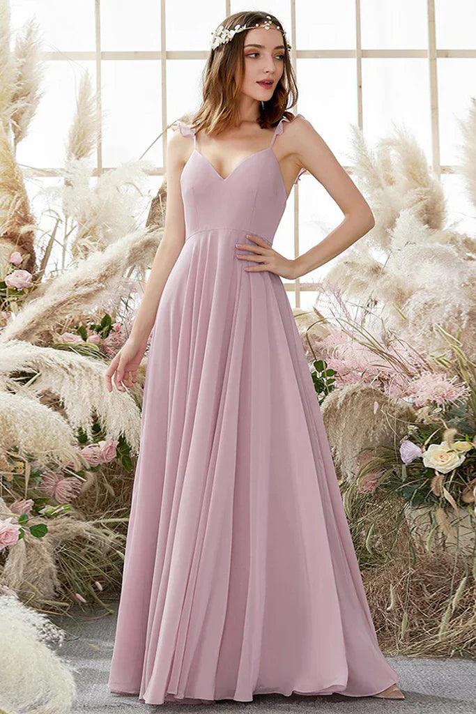 Vestidos de dama de honor Shelby de gasa, sin mangas, con tirantes finos, corte A/princesa, con cintura natural y largo hasta el suelo