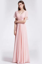 Quintina V-Neck Short Sleeves Floor Length Natural Waist A-Line/Princess Chiffon Bridesmaid Dresses