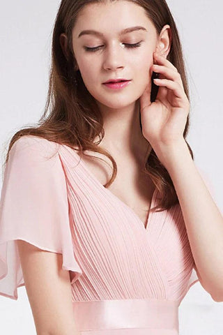 Quintina V-Ausschnitt Kurze Ärmel Bodenlang Natürliche Taille A-Linie/Prinzessin Chiffon Brautjungfernkleider