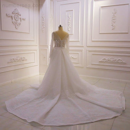 robe de mariee Long Sleeve Detachable Train See Through Wedding Dress - numbersea