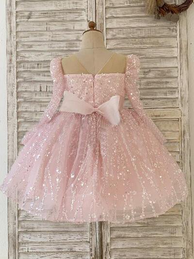 Vestido de princesa de tul con lentejuelas rosas para niñas, mangas largas y lazo extragrande. 