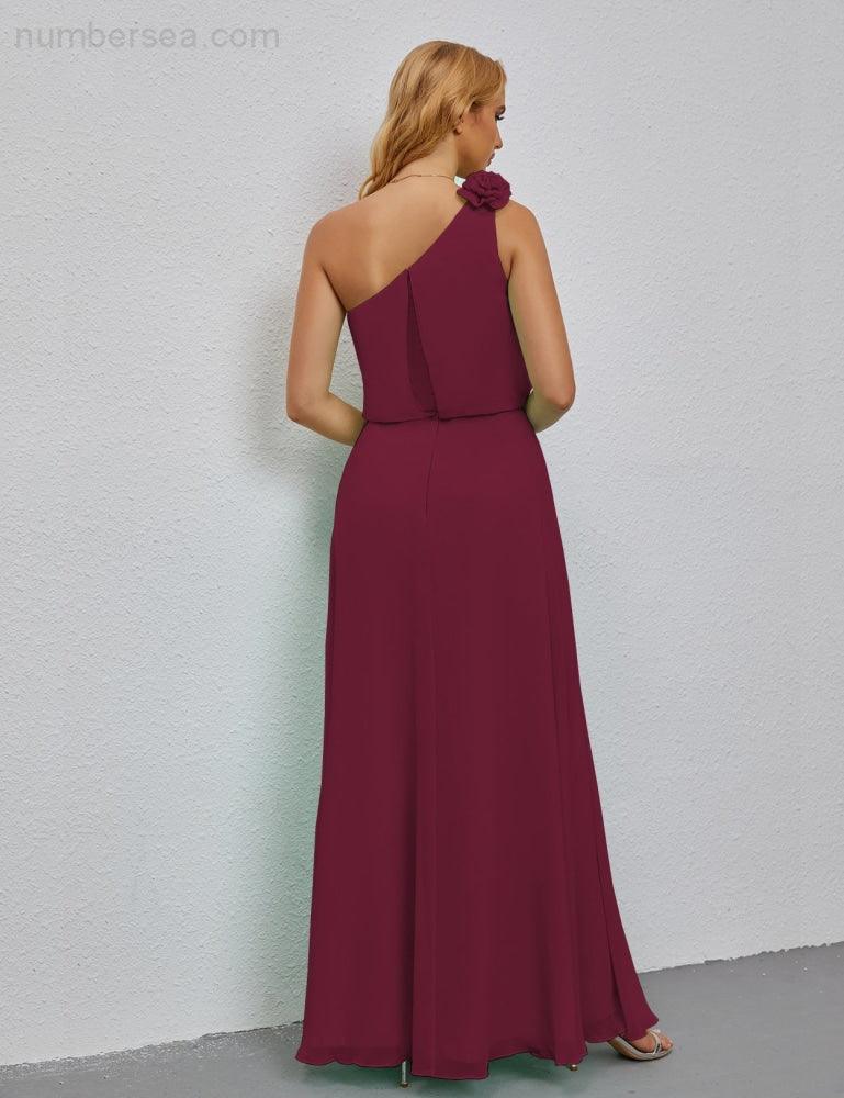 Ruffled One Shoulder Sleeveless Long Bridesmaid Dresses A-line Formal Evening Gown Side Split 28080-numbersea
