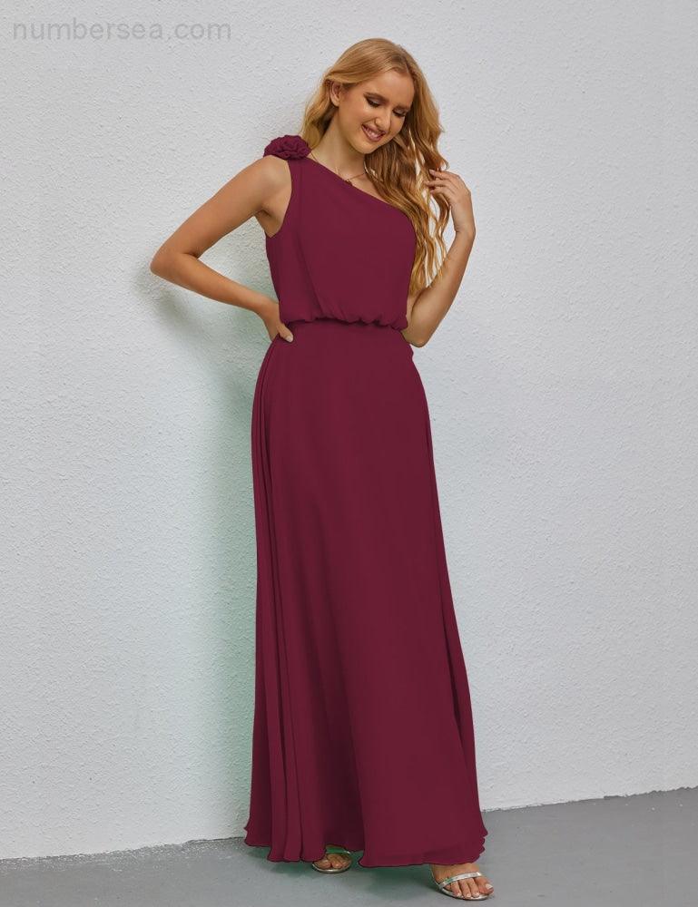 Ruffled One Shoulder Sleeveless Long Bridesmaid Dresses A-line Formal Evening Gown Side Split 28080-numbersea