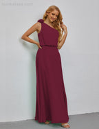 Ruffled One Shoulder Sleeveless Long Bridesmaid Dresses A-line Formal Evening Gown Side Split 28080-numbersea