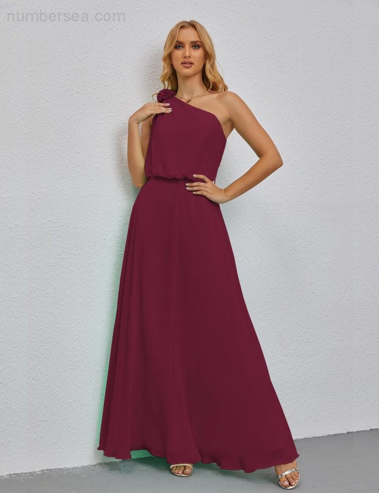 Ruffled One Shoulder Sleeveless Long Bridesmaid Dresses A-line Formal Evening Gown Side Split 28080-numbersea
