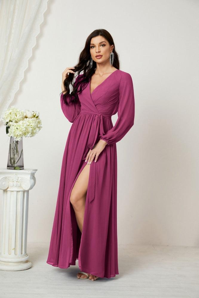 Numbersea Evening Dresses Deep V-Neck Chiffon Bridesmaid Dresses Long Bishop Sleeve Side Split Formal Dress 2806-numbersea