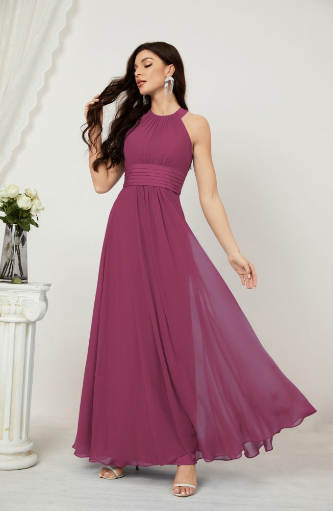 Numbersea Formal Party Gown Dress Chiffon Halter Long Sleeveless Bridesmaid Dresses 2802 Jester Red