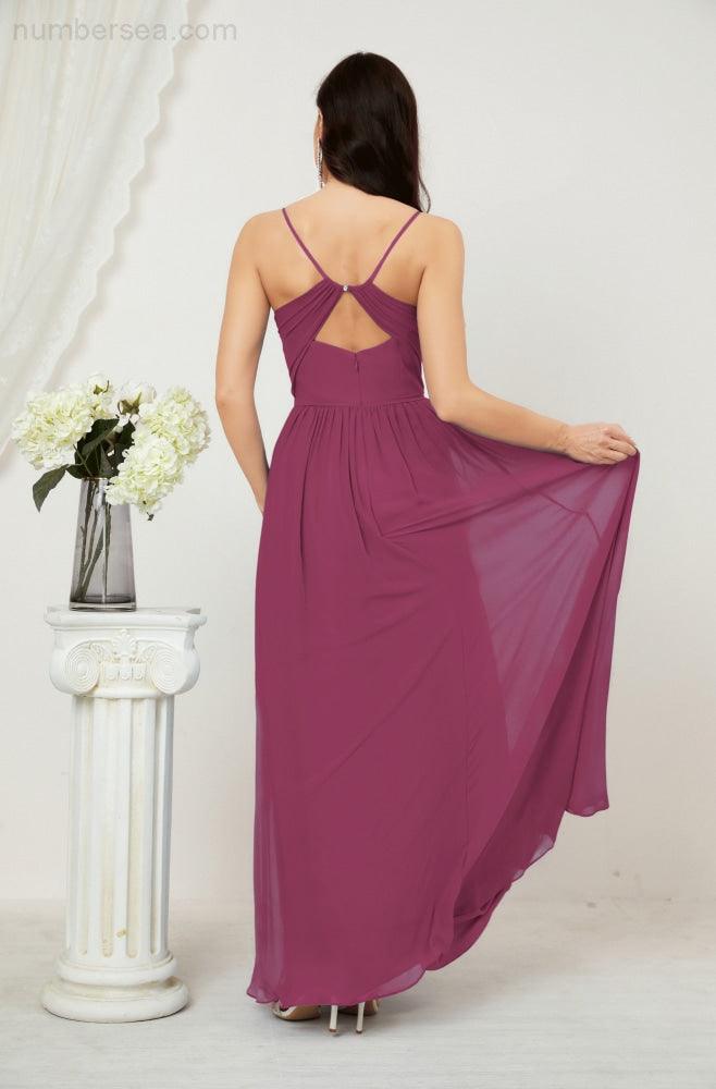 Numbersea Neck Bridesmaid Dresses Chiffon Long Spaghetti A-line Formal Prom Gown for Wedding Party Evening 2801-numbersea