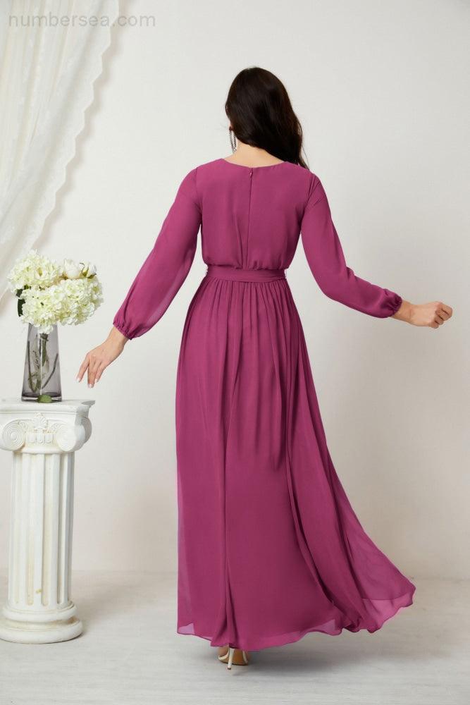 Numbersea Evening Dresses Deep V-Neck Chiffon Bridesmaid Dresses Long Bishop Sleeve Side Split Formal Dress 2806-numbersea