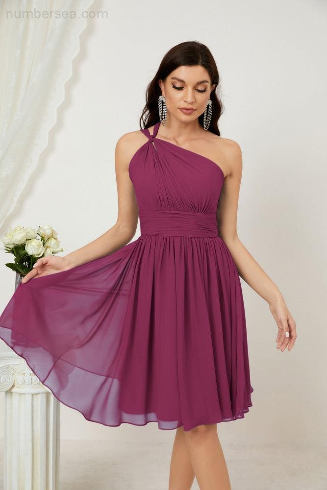 Numbersea Women Chiffon Short One Shoulder Bridesmaid Dress Formal Dresses For Party Homecoming 2804