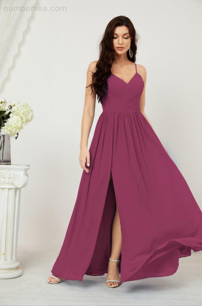 Numbersea Neck Bridesmaid Dresses Chiffon Long Spaghetti A-line Formal Prom Gown for Wedding Party Evening 2801-numbersea