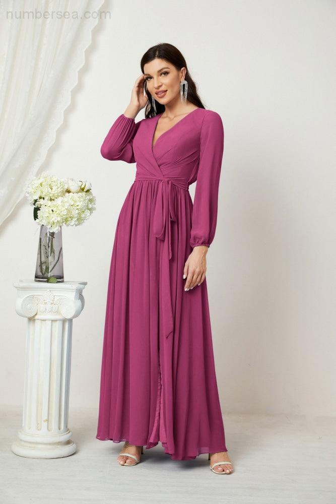 Numbersea Evening Dresses Deep V-Neck Chiffon Bridesmaid Dresses Long Bishop Sleeve Side Split Formal Dress 2806-numbersea