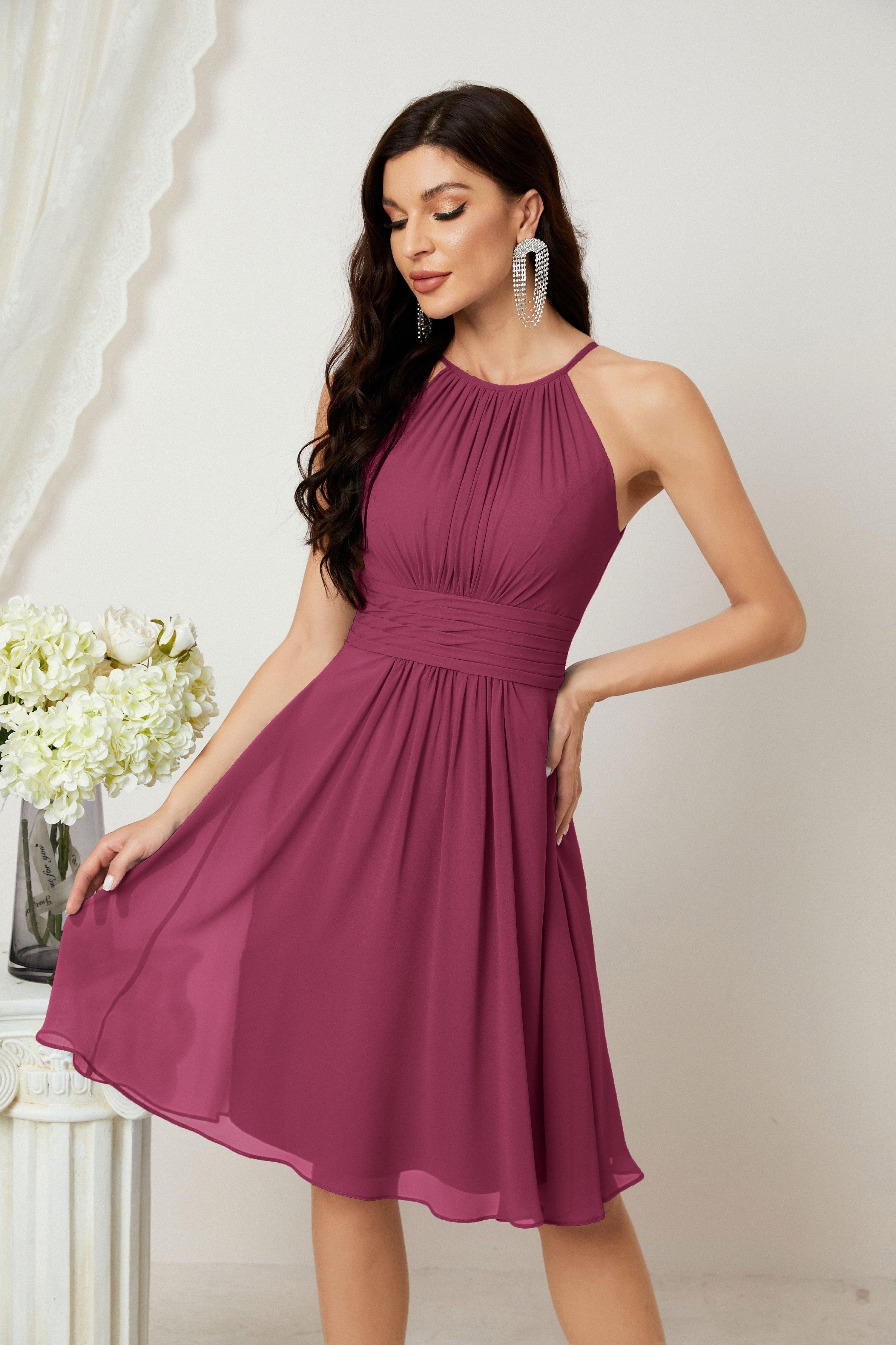 Halter Bridesmaid Dresses Knee Length A Line Formal Evening Party Cocktail Dress 28011