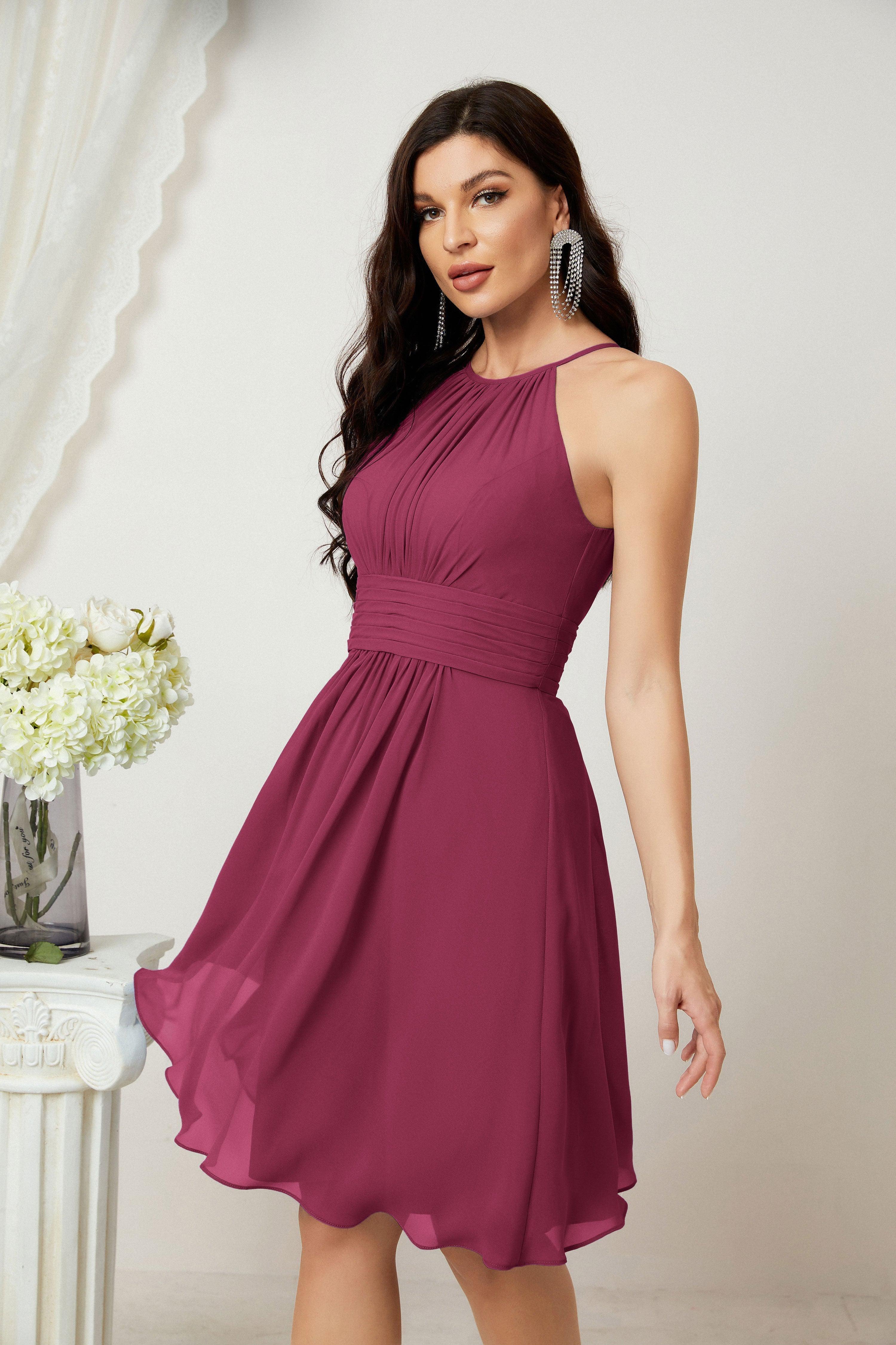 Halter Bridesmaid Dresses Knee Length A Line Formal Evening Party Cocktail Dress 28011