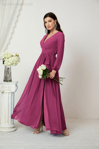 Numbersea Evening Dresses Deep V-Neck Chiffon Bridesmaid Dresses Long Bishop Sleeve Side Split Formal Dress 2806-numbersea