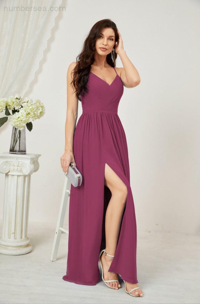 Numbersea Neck Bridesmaid Dresses Chiffon Long Spaghetti A-line Formal Prom Gown for Wedding Party Evening 2801-numbersea