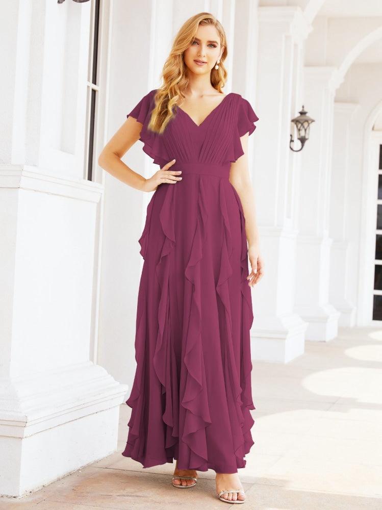 Ruffled Bridesmaid Dresses with Sleeves Long Formal Party Dress 28041-numbersea