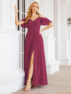 Numbersea Cold Shoulder Long Bridesmaid Dresses Side Slit Formal Prom Gowns Party Wedding 28070-numbersea
