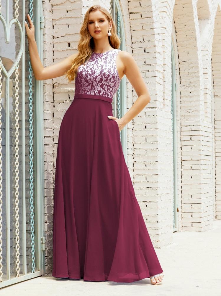 Lace Bridesmaid Dress Floor Length Evening Gowns with Pockets 28017-numbersea