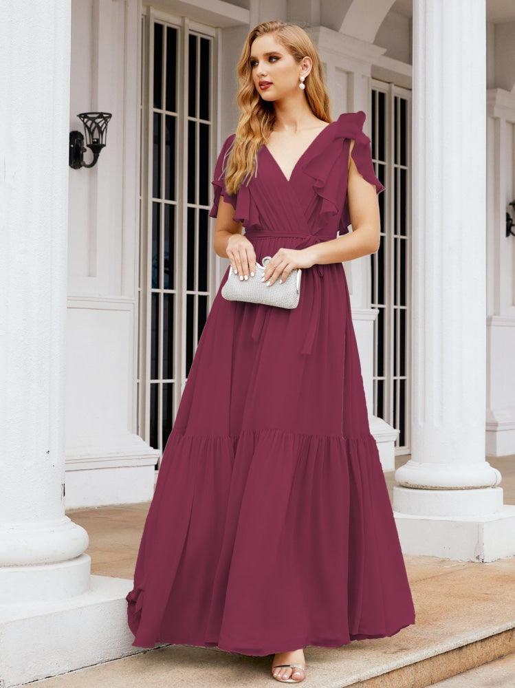 Numbersea Women's Open Back Formal Evening Party Prom Gowns V-Neck Long Chiffon Bridesmaid Dresses with Waist Belt 28038-numbersea