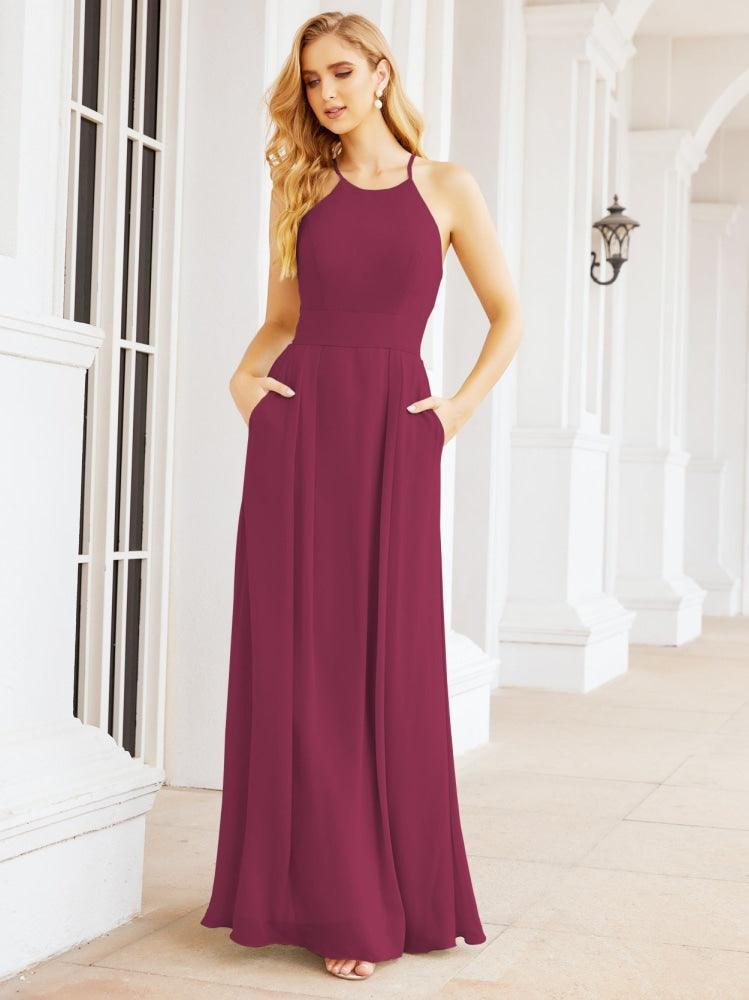 Numbersea Halter Bridesmaid Dresses with Pockets Sleeveless Formal Evening Party Prom Gowns 28055-numbersea