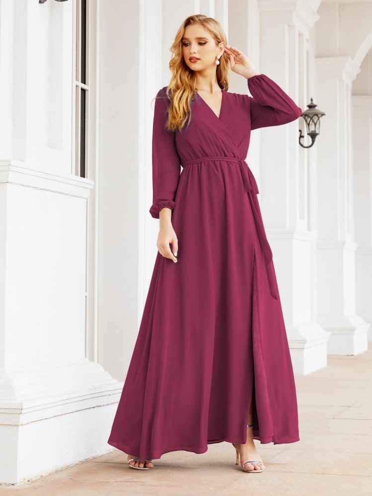 Numbersea Women's Chiffon Bridesmaid Dress A line Long Sleeves Formal Evening Prom Gown for Wedding Guest 28032-numbersea