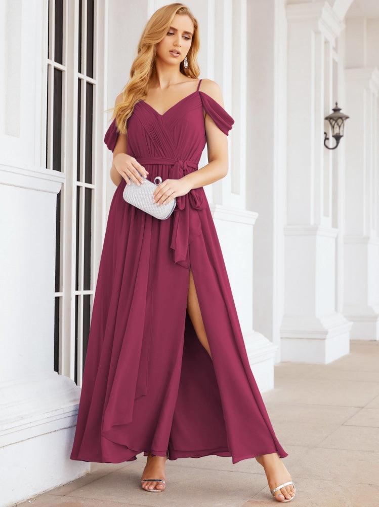 Numbersea Off The Shoulder Chiffon Bridesmaid Dress Long Formal Graduation Gown with Cowl Back 28069-numbersea