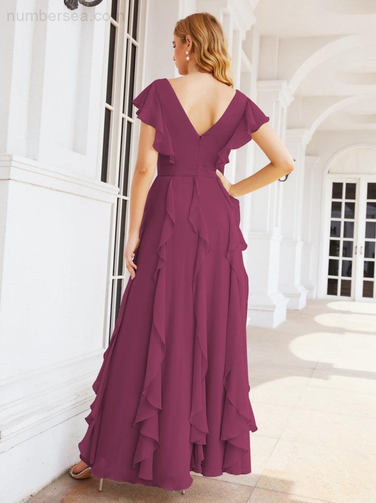 Ruffled Bridesmaid Dresses with Sleeves Long Formal Party Dress 28041-numbersea