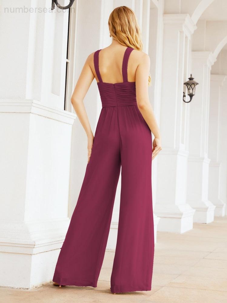 Numbersea Crisscross Neck Jumpsuit Formal Evening Dress Long Bridesmaid Dresses Bell-bottomed Pants 28033-numbersea