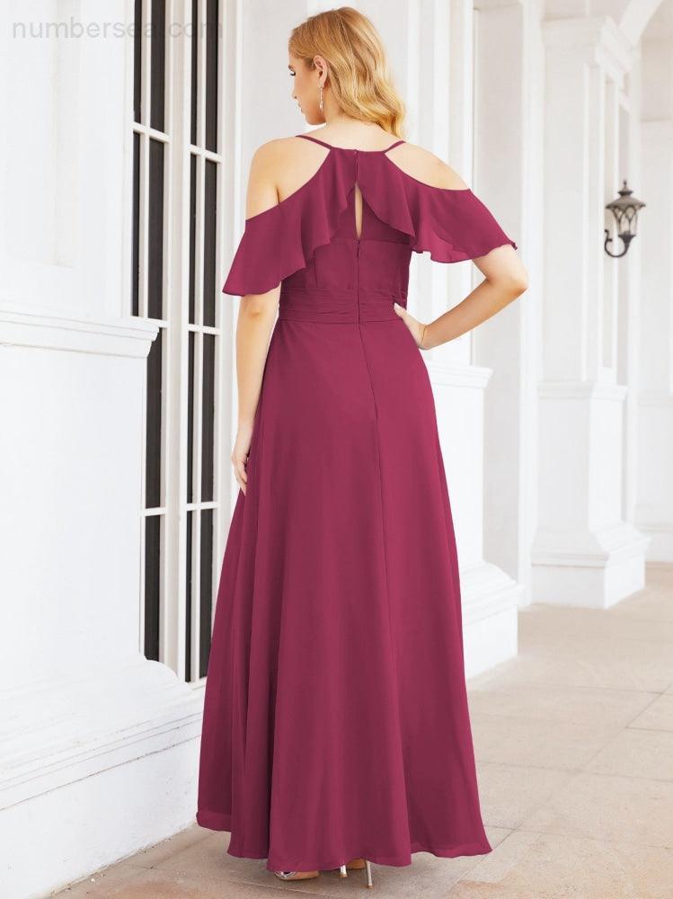 Numbersea Cold Shoulder Long Bridesmaid Dresses Side Slit Formal Prom Gowns Party Wedding 28070-numbersea